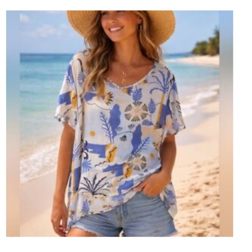 Nicole Miller 100% Linen Lightweight Slub Knit Tropical T Shirt Top  Size 3X